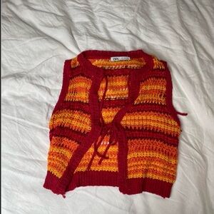 Zara Women's Vibrant Red and Orange Knit Cardigan